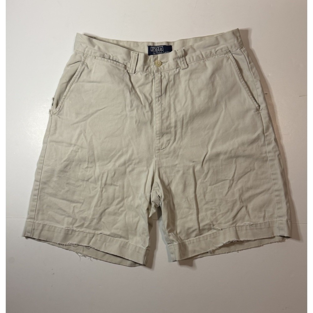 VTG Polo Ralph Lauren Prospect Shorts Mens 33 Khaki Flat Front Chino Distressed